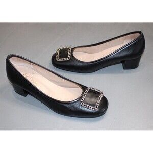 French Sole Izzy Pumps Black Leather Low Block Heel Square Toe Chain Buckle 9B
